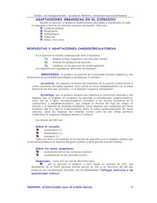 Cátedra I de Fisiología Humana – Facultad de Medicina – Universidad nacional del Nordeste
DISERTANTES: ACOSTA FELQUER, Laura, DE LA ROSA, MarceloDISERTANTES: ACOSTA FELQUER, Laura, DE LA ROSA, MarceloDISERTANTES: ACOSTA FELQUER, Laura, DE LA ROSA, MarceloDISERTANTES: ACOSTA FELQUER, Laura, DE LA ROSA, Marcelo 19
ADAPTACIONES ORGANICAS EN EL EJERCICIO
Durante el ejercicio se producen modificaciones adecuadas y coordinadas en todo
el organismo a nivel de los distintos sistemas funcionales. Ellos son:
Cardiocirculatorio
Respiratorio
Hematológico
Endocrino
Renal, entre otros.
RESPUESTAS Y ADAPTACIONES CARDIOCIRCULATORIAS
En el ejercicio el sistema cardiovascular tiene 3 funciones:
1)1)1)1) Adaptar el flujo sanguíneo a los músculos activos.
2)2)2)2) Eliminar los productos de desecho.
3)3)3)3) Colaborar en los procesos de termorregulación.
La respuesta está regulada por diferentes mecanismos:
NERVIOSOS: se produce un aumento de la actividad nerviosa simpática y una
disminución de la actividad parasimpática mediado por 2 controles:
a) central: son impulsos nerviosos descendientes de la corteza cerebral hacia el
centro vasomotor del bulbo raquídeo. Este control se inicia simultáneamente con la orden
motora de los músculos actuantes, es la llamada “respuesta anticipatoria”.
b) reflejo: que se produce después que comienza la contracción muscular y son
impulsos que se originan en receptores de músculos y articulaciones (ergorreceptores),
éstos son de 2 tipos: mecanorreceptores (sensibles a los efectos mecánicos de la
contracción); y matabolorreceptores, que evalúan la eficacia del flujo de sangre en
relación a el aumento de demanda metabólica. Estos impulsos son conducidos por fibras
nerviosas tipo III y tipo IV respectivamente hasta el centro cardiorespiratorio. De forma
colectiva, tanto los impulsos del comando central como los del reflejo periférico
condicionan la respuesta simpática durante el esfuerzo.
Los efectos del SNS son:
Sobre el corazón:
cronotrópico (+)
dromotrópico (+)
inotrópico (+).
Todo esto lleva a un aumento en la fracción de eyección y en el volumen sistólico que
en definitiva producen un aumento del gasto cardíaco y de la presión arterial sistólica.
Sobre los vasos sanguíneos:
vasoconstricción en los territorios inactivos
vasodilatación en los músculos activos.
Humorales: estos a la vez son de diferentes tipos:
por el ejercicio se produce a nivel tisular un aumento de CO2, una
disminución de la PaO2 (presión arterial parcial de O2) y un descenso del pH que
producen una vasodilatación arteriolar; son los denominados “reflejos nutricios o de
sensibilidad trófica”.
 