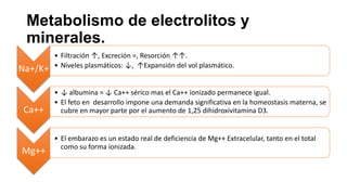 Metabolismo de electrolitos y
minerales.
Na+/K+

Ca++

Mg++

• Filtración ↑, Excreción =, Resorción ↑↑.
• Niveles plasmáticos: ↓, ↑Expansión del vol plasmático.

• ↓ albumina = ↓ Ca++ sérico mas el Ca++ ionizado permanece igual.
• El feto en desarrollo impone una demanda significativa en la homeostasis materna, se
cubre en mayor parte por el aumento de 1,25 dihidroxivitamina D3.

• El embarazo es un estado real de deficiencia de Mg++ Extracelular, tanto en el total
como su forma ionizada.

 