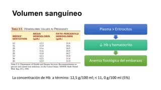 Volumen sanguíneo
Plasma > Eritrocitos

↓ Hb y hematocrito

Anemia fisiológica del embarazo

La concentración de Hb a término: 12,5 g/100 ml; < 11, 0 g/100 ml (5%)

 