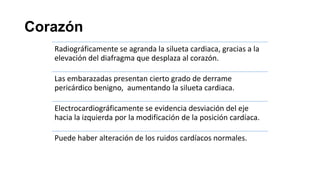 Corazón
Radiográficamente se agranda la silueta cardiaca, gracias a la
elevación del diafragma que desplaza al corazón.
Las embarazadas presentan cierto grado de derrame
pericárdico benigno, aumentando la silueta cardiaca.
Electrocardiográficamente se evidencia desviación del eje
hacia la izquierda por la modificación de la posición cardíaca.
Puede haber alteración de los ruidos cardíacos normales.

 