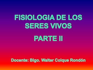FISIOLOGIA DE LOS SERES VIVOS  PARTE II Docente: Blgo. Walter Colque Rondón 