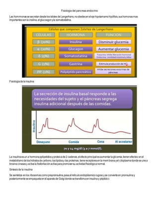 Fisiologia del pancreas endocrino
Las homrmonassesecretandesdelosislotes deLangerhans,noobedecenelejehipotamamohipófisis,sushomonasmas
importantessonla insilina,elglucoagonyla somatostatina.
Fisiologiadelainsulina
La insulinaesun a hormonapplipetidicsyproteicade2 cadenas,elefectoprincipalesaumentarlaglicemia,tienenefectos enel
metabolismodeloshidratosdecarbono,loslípidosy las proteínas, tienereceptoresenla membrana yel citoplasmadondeseunea
tirosinacinasasy activala fosforilaciónactivaparapromoversu actividadfisiológicanormal.
Síntesis de la insulina
Se sentetiza enlos ribosomascomopreproinsulina,pasaalretículoendoplásmicorugosoyse convierteen proinsulinay
posteriormenteseempaquetaenelaparatode Golgidondesetransfomaeninsulinay péptidoc
 