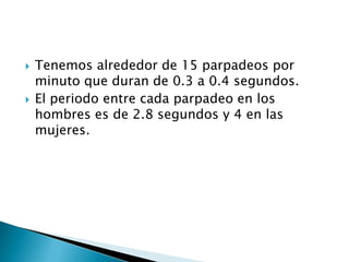 Tenemos alrededor de 15 parpadeos por minuto que duran de 0.3 a 0.4 segundos.El periodo entre cada parpadeo en los hombres es de 2.8 segundos y 4 en las mujeres.