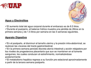 Agua y Electrolitos
El aumento total del agua corporal durante el embarazo es de 8.5 litros.
Durante el puerperio, el balance hídrico muestra una pérdida de 2litros en la
primera semana y de 1.5 litros por semana en las 5 semanas siguientes.

Aparato Digestivo
En el postparto, al disminuir el tamaño uterino y la presión intra-abdominal, se
reubican las vísceras del tracto gastrointestinal.
En la primera semana persiste discreta atonía intestinal y acción relajadora por
los niveles de progesterona placentaria que aun se mantienen en el torrente
sanguineo, los cuales conducen al estreñimiento, normalizándose
posteriormente
El metabolismo hepático regresa a su función pre estacional aproximadamente
a partir de la tercera semana postparto.

 