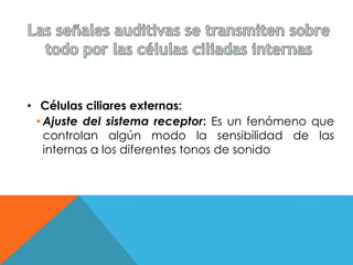 • Células ciliares externas: 
• Ajuste del sistema receptor: Es un fenómeno que 
controlan algún modo la sensibilidad de las 
internas a los diferentes tonos de sonido 
 