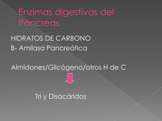 Enzimas digestivas del Páncreas,[object Object],HIDRATOS DE CARBONO,[object Object],B- Amilasa Pancreática,[object Object],Almidones/Glicógeno/otros H de C,[object Object],             Tri y Disacáridos,[object Object]