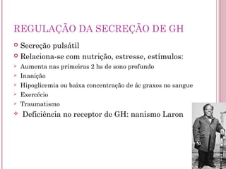 REGULAÇÃO DA SECREÇÃO DE GH
 Secreção pulsátil
 Relaciona-se com nutrição, estresse, estímulos:
   Aumenta nas primeiras 2 hs de sono profundo
   Inanição
   Hipoglicemia ou baixa concentração de ác graxos no sangue
   Exercécio
   Traumatismo
   Deficiência no receptor de GH: nanismo Laron
 