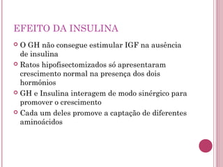 EFEITO DA INSULINA
 O GH não consegue estimular IGF na ausência
  de insulina
 Ratos hipofisectomizados só apresentaram
  crescimento normal na presença dos dois
  hormônios
 GH e Insulina interagem de modo sinérgico para
  promover o crescimento
 Cada um deles promove a captação de diferentes
  aminoácidos
 