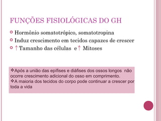 FUNÇÕES FISIOLÓGICAS DO GH
 Hormônio somatotrópico, somatotropina
 Induz crescimento em tecidos capazes de crescer

   Tamanho das células e Mitoses



Após a união das epífises e diáfises dos ossos longos não
ocorre crescimento adicional do osso em comprimento.
A maioria dos tecidos do corpo pode continuar a crescer por
toda a vida
 