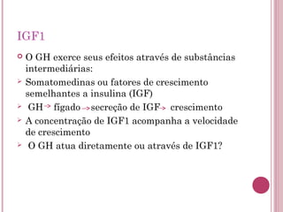 IGF1
   O GH exerce seus efeitos através de substâncias
    intermediárias:
   Somatomedinas ou fatores de crescimento
    semelhantes a insulina (IGF)
    GH fígado secreção de IGF crescimento
   A concentração de IGF1 acompanha a velocidade
    de crescimento
    O GH atua diretamente ou através de IGF1?
 