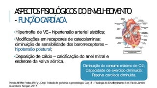 ASPECTOSFISIOLÓGICOSDOENVELHECIMENTO
-FU
N
Ç
ÃOC
ARDÍAC
A
•Hipertrofia de VE– hipertensão arterial sistólica;
•Modificações em receptores de catecolaminas:
diminuição de sensibilidade dos barorreceptores –
hipotensão postural;
•Deposição de cálcio – calcificação do anel mitral e
esclerose da valva aórtica.
Diminuição do consumo máximo de O2;
Capacidade de exercício diminuída;
R
eserva cardíaca diminuída.
Pereira SRMIn:FreitasEV,PyL(Org). Tratado de geriatria egerontologia. Cap14 – Fisiologia do Envelhecimento.4 ed. Riode Janeiro:
Guanabara Koogan, 2017
 