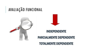 AVALIAÇÃO FUNCIONAL
INDEPENDENTE
PARCIALMENTE DEPENDENTE
TOTALMENTE DEPENDENTE
 