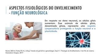 ASPECTOS FISIOLÓGICOS DO ENVELHECIMENTO
- FUNÇÃO NEUROLÓGICA
Em resposta ao dano neuronal, as células gliais
aumentam. Esse acúmulo de células gliais,
denominado gliose, representa uma resposta
compensatória protegendo a função neuronal e a
plasticidade.
Pereira SRM In: Freitas EV, Py L (Org). Tratado de geriatria e gerontologia. Cap14 – Fisiologia do Envelhecimento. 4 ed. Rio de Janeiro:
Guanabara Koogan, 2017
 