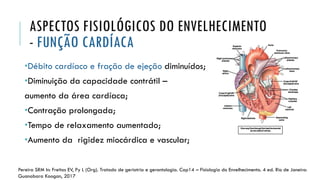ASPECTOS FISIOLÓGICOS DO ENVELHECIMENTO
- FUNÇÃO CARDÍACA
•Débito cardíaco e fração de ejeção diminuídos;
•Diminuição da capacidade contrátil –
aumento da área cardíaca;
•Contração prolongada;
•Tempo de relaxamento aumentado;
•Aumento da rigidez miocárdica e vascular;
Pereira SRM In: Freitas EV, Py L (Org). Tratado de geriatria e gerontologia. Cap14 – Fisiologia do Envelhecimento. 4 ed. Rio de Janeiro:
Guanabara Koogan, 2017
 