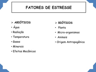FATORES DE ESTRESSE
 ABIÓTICOS
• Água
• Radiação
• Temperatura
• Gases
• Minerais
• Efeitos Mecânicos
 BIÓTICOS
• Planta
• Micro-organismos
• Animais
• Origem Antropogênica
 