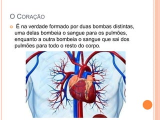 O CORAÇÃO 
 É na verdade formado por duas bombas distintas, 
uma delas bombeia o sangue para os pulmões, 
enquanto a outra bombeia o sangue que sai dos 
pulmões para todo o resto do corpo. 
 