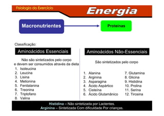 Fisiologia do ExercFisiologia do Exercííciocio
Macronutrientes Proteínas
Classificação:
Aminoácidos Essenciais
Não são sintetizados pelo corpo
e devem ser consumidos através da dieta
1. Isoleucina
2. Leucina
3. Lisina
4. Metionina
5. Fenilalanina
6. Treonina
7. Triptofano
8. Valina
Histidina – Não sintetizada por Lactentes.
Arginina – Sintetizada Com dificuldade Por crianças.
Aminoácidos Não-Essenciais
São sintetizados pelo corpo
1. Alanina
2. Arginina
3. Asparagina
4. Ácido Aspártico
5. Cisteína
6. Ácido Glutamânico
7. Glutamina
8. Glicina
9. Histidina
10. Prolina
11. Serina
12. Tirosina
 