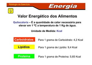 Fisiologia do ExercFisiologia do Exercííciocio
Valor Energético dos Alimentos
Quilocaloria – É a quantidade de calor necessária para
elevar em 1 ºC a temperatura de 1 Kg de água.
Unidade de Medida: Kcal
Carboidratos Para 1 grama de Carboidrato: 4,2 Kcal
Lipídios Para 1 grama de Lipídio: 9,4 Kcal
Proteína Para 1 grama de Proteína: 5,65 Kcal
 