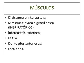 MÚSCULOS
• Diafragma e Intercostais;
• Mm que elevam o gradil costal
(INSPIRATÓRIOS):
• Intercostais externos;
• ECOM;
• Denteados anteriores;
• Escalenos.
 