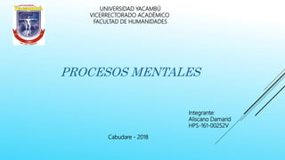 UNIVERSIDAD YACAMBÚ
VICERRECTORADO ACADÉMICO
FACULTAD DE HUMANIDADES
Integrante:
Aliscano Damarid
HPS-161-00252V
Cabudare - 2018
PROCESOS MENTALES
 
