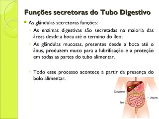 Funções secretoras do Tubo DigestivoFunções secretoras do Tubo Digestivo
 As glândulas secretoras funções:
◦ As enzimas digestivas são secretadas na maioria das
áreas desde a boca até o termino do íleo;
◦ As glândulas mucosas, presentes desde a boca até o
ânus, produzem muco para a lubrificação e a proteção
em todas as partes do tubo alimentar.
◦ Todo esse processo acontece a partir da presença do
bolo alimentar.
 