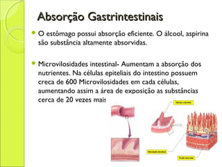 Absorção GastrintestinaisAbsorção Gastrintestinais
 O estômago possui absorção eficiente. O álcool, aspirina
são substância altamente absorvidas.
 Microvilosidades intestinal- Aumentam a absorção dos
nutrientes. Na células epiteliais do intestino possuem
creca de 600 Microvilosidades em cada células,
aumentando assim a área de exposição as substâncias
cerca de 20 vezes mais.
 