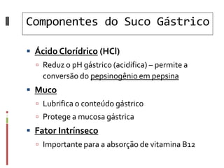 Componentes do Suco Gástrico
 Ácido Clorídrico (HCl)
 Reduz o pH gástrico (acidifica) – permite a
conversão do pepsinogênio em pepsina
 Muco
 Lubrifica o conteúdo gástrico
 Protege a mucosa gástrica
 Fator Intrínseco
 Importante para a absorção de vitamina B12
 