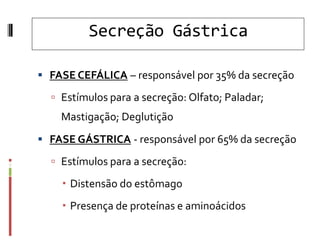Secreção Gástrica
 FASE CEFÁLICA – responsável por 35% da secreção
 Estímulos para a secreção: Olfato; Paladar;
Mastigação; Deglutição
 FASE GÁSTRICA - responsável por 65% da secreção
 Estímulos para a secreção:
 Distensão do estômago
 Presença de proteínas e aminoácidos
 