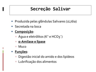 Secreção Salivar
 Produzida pelas glândulas Salivares (1L/dia)
 Secretada na boca
 Composição:
 Água e eletrólitos (K⁺ e HCO3¯)
 α-Amilase e lipase
 Muco
 Funções:
 Digestão inicial do amido e dos lipídeos
 Lubrificação dos alimentos
 