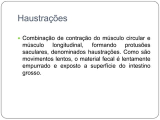 Haustrações

 Combinação de contração do músculo circular e
 músculo longitudinal, formando protusões
 saculares, denominados haustrações. Como são
 movimentos lentos, o material fecal é lentamente
 empurrado e exposto a superfície do intestino
 grosso.
 