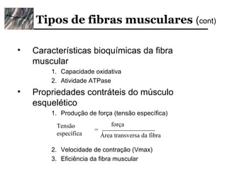 Tipos de fibras musculares (cont)

•   Características bioquímicas da fibra
    muscular
        1. Capacidade oxidativa
        2. Atividade ATPase
•   Propriedades contráteis do músculo
    esquelético
        1. Produção de força (tensão específica)

          Tensão           força
                         ______________
                       =
          específica    Área transversa da fibra

        2. Velocidade de contração (Vmax)
        3. Eficiência da fibra muscular
 