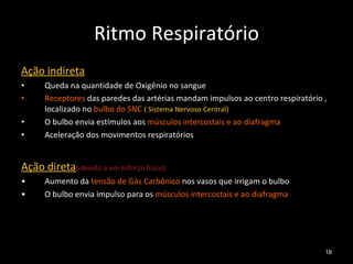 Ritmo Respiratório Ação indireta Queda na quantidade de Oxigênio no sangue Receptores  das paredes das artérias mandam impulsos ao centro respiratório , localizado no  bulbo do SNC   ( Sistema Nervoso Central) O bulbo envia estímulos aos  músculos intercostais e ao diafragma Aceleração dos movimentos respiratórios Ação direta ( devido a um esforço físico) Aumento da  tensão de Gás Carbônico  nos vasos que irrigam o bulbo O bulbo envia impulso para os  músculos intercostais e ao diafragma 