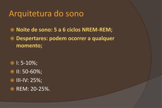 Arquitetura do sono
 Noite de sono: 5 a 6 ciclos NREM-REM;
 Despertares: podem ocorrer a qualquer
momento;
 I: 5-10%;
 II: 50-60%;
 III-IV: 25%;
 REM: 20-25%.
 