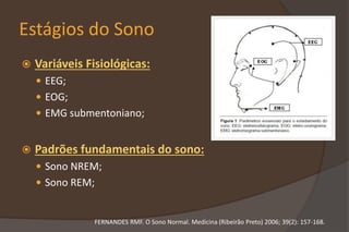 Estágios do Sono
 Variáveis Fisiológicas:
 EEG;
 EOG;
 EMG submentoniano;
 Padrões fundamentais do sono:
 Sono NREM;
 Sono REM;
FERNANDES RMF. O Sono Normal. Medicina (Ribeirão Preto) 2006; 39(2): 157-168.
 