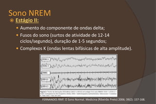 Sono NREM
 Estágio II:
 Aumento do componente de ondas delta;
 Fusos do sono (surtos de atividade de 12-14
ciclos/segundo), duração de 1-5 segundos;
 Complexos K (ondas lentas bifásicas de alta amplitude).
FERNANDES RMF. O Sono Normal. Medicina (Ribeirão Preto) 2006; 39(2): 157-168.
 