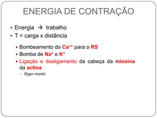 ENERGIA DE CONTRAÇÃO
 Energia  trabalho
 T = carga x distância

   Bombeamento do Ca++ para o RS
   Bomba de Na+ e K+
   Ligação e desligamento da cabeça da miosina
   da actina
     Rigor mortis
 