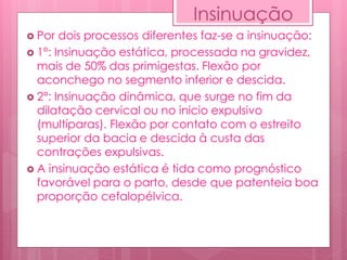  Por dois processos diferentes faz-se a insinuação:
 1°: Insinuação estática, processada na gravidez,
mais de 50% das primigestas. Flexão por
aconchego no segmento inferior e descida.
 2°: Insinuação dinâmica, que surge no fim da
dilatação cervical ou no inicio expulsivo
(multíparas). Flexão por contato com o estreito
superior da bacia e descida à custa das
contrações expulsivas.
 A insinuação estática é tida como prognóstico
favorável para o parto, desde que patenteia boa
proporção cefalopélvica.
Insinuação
 