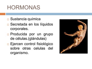 HORMONAS
   Sustancia química
   Secretada en los líquidos
    corporales.
   Producida por un grupo
    de células.(glándulas)
   Ejercen control fisiológico
    sobre otras celulas del
    organismo.
 