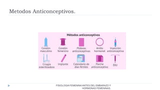 Metodos Anticonceptivos.
FISIOLOGIA FEMENINA ANTES DEL EMBARAZO Y
HORMONAS FEMENINAS.
 