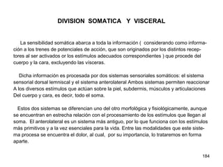 184
DIVISION SOMATICA Y VISCERAL
La sensibilidad somática abarca a toda la información ( considerando como informa-
ción a los trenes de potenciales de acción, que son originados por los distintos recep-
tores al ser activados or los estímulos adecuados correspondientes ) que procede del
cuerpo y la cara, excluyendo las vísceras.
Dicha información es procesada por dos sistemas sensoriales somáticos: el sistema
sensorial dorsal lemniscal y el sistema anterolateral Ambos sistemas permiten reaccionar
A los diversos estímulos que actúan sobre la piel, subdermis, músculos y articulaciones
Del cuerpo y cara, es decir, todo el soma.
Estos dos sistemas se diferencian uno del otro morfológica y fisiológicamente, aunque
se encuentran en estrecha relación con el procesamiento de los estímulos que llegan al
soma. El anterolateral es un sistema más antiguo, por lo que funciona con los estímulos
más primitivos y a la vez esenciales para la vida. Entre las modalidades que este siste-
ma procesa se encuentra el dolor, al cual, por su importancia, lo trataremos en forma
aparte.
 