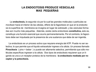 98
LA ENDOCITOSIS PRODUCE VESICULAS
MAS PEQUEÑAS
La endocitosis, la segunda vía por la cual las grandes moléculas o partículas se
movilizan hacia el interior de las células, difiere de la fagocitosis en que en la endocito-
sis la superficie de membrana se invagina en lugar de sobresalir, y las vesículas forma-
das son mucho más pequeñas. Además, existe cierta endocitosis constitutiva, esto es,
constituye una función esencial que ocurre permanentemente. Por el contrario, la fagoci-
tosis debe ser impulsada por la presencia de una sustancia que debe de ser ingerida.
La endocitosis es un proceso activo que requiere energía del ATP. Puede no ser se-
lectiva, lo que permite que el líquido extracelular ingrese a la célula. Un proceso llamado
Pinocitosis ( pino = beber ) o puede ser altamente selectiva, permitiendo que sólo mo-
léculas específicas ingresen a la célula. Dos tipos de endocitosis requieren que un li-
gando se una a un receptor proteico de la membrana : la endocitosis mediada por re-
ceptor y la potocitosis.
 