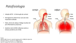 Patofisiologia
• Inibição ACTH → Diminução de cortisol
• Hemaglutinina determinar zona do trato
respiratório afetada
• Febre, dores de cabeça e fadiga resultam de
pró inflamatórios (citocinas)
• Cytokine storm (H5N1 influenza aviária e
estirpe pandémica de 1918)
Fontes:
Jefferies WM, Turner JC, Lobo M, Gwaltney JM Jr (1998) Clin Infect Dis
Cheung CY, Poon LL, Lau AS, et al. (2002) Lancet
Kash JC, Tumpey TM, Proll SC, et al. (2006) Nature
 