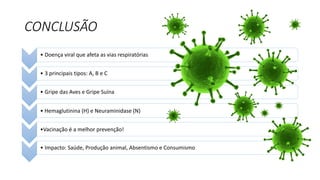 CONCLUSÃO
• Doença viral que afeta as vias respiratórias
• 3 principais tipos: A, B e C
• Gripe das Aves e Gripe Suína
• Hemaglutinina (H) e Neuraminidase (N)
•Vacinação é a melhor prevenção!
• Impacto: Saúde, Produção animal, Absentismo e Consumismo
 