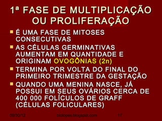 1ª FASE DE MULTIPLICAÇÃO
    OU PROLIFERAÇÃO
   É UMA FASE DE MITOSES
    CONSECUTIVAS
   AS CÉLULAS GERMINATIVAS
    AUMENTAM EM QUANTIDADE E
    ORIGINAM OVOGÔNIAS (2n)
   TERMINA POR VOLTA DO FINAL DO
    PRIMEIRO TRIMESTRE DA GESTAÇÃO
   QUANDO UMA MENINA NASCE, JÁ
    POSSUI EM SEUS OVÁRIOS CERCA DE
    400 000 FOLÍCULOS DE GRAFF
    (CÉLULAS FOLICULARES)
09/30/12     biolopes.blogspot.com   17
 
