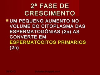 2ª FASE DE
           CRESCIMENTO
 UM    PEQUENO AUMENTO NO
   VOLUME DO CITOPLASMA DAS
   ESPERMATOGÔNIAS (2n) AS
   CONVERTE EM
   ESPERMATÓCITOS PRIMÁRIOS
   (2n)




09/30/12     biolopes.blogspot.com   7
 