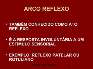 ARCO REFLEXO

• TAMBÉM CONHECIDO COMO ATO
  REFLEXO

• É A RESPOSTA INVOLUNTÁRIA A UM
  ESTÍMULO SENSORIAL

• EXEMPLO: REFLEXO PATELAR OU
  ROTULIANO
           biolopes.blogspot.com   14
 