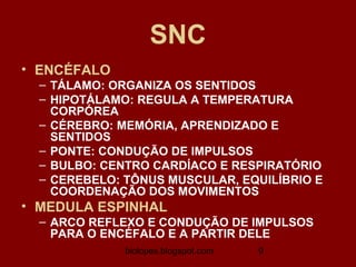 SNC
• ENCÉFALO
  – TÁLAMO: ORGANIZA OS SENTIDOS
  – HIPOTÁLAMO: REGULA A TEMPERATURA
    CORPÓREA
  – CÉREBRO: MEMÓRIA, APRENDIZADO E
    SENTIDOS
  – PONTE: CONDUÇÃO DE IMPULSOS
  – BULBO: CENTRO CARDÍACO E RESPIRATÓRIO
  – CEREBELO: TÔNUS MUSCULAR, EQUILÍBRIO E
    COORDENAÇÃO DOS MOVIMENTOS
• MEDULA ESPINHAL
  – ARCO REFLEXO E CONDUÇÃO DE IMPULSOS
    PARA O ENCÉFALO E A PARTIR DELE
              biolopes.blogspot.com   9
 