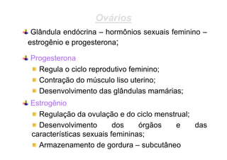 Ovários
Glândula endócrina – hormônios sexuais feminino –
estrogênio e progesterona;
Progesterona
Regula o ciclo reprodutivo feminino;
Contração do músculo liso uterino;
Desenvolvimento das glândulas mamárias;
Estrogênio
Regulação da ovulação e do ciclo menstrual;
Desenvolvimento
dos
órgãos
e
das
características sexuais femininas;
Armazenamento de gordura – subcutâneo

 