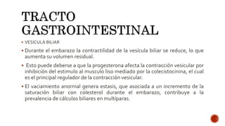  VESICULA BILIAR
 Durante el embarazo la contractilidad de la vesícula biliar se reduce, lo que
aumenta su volumen residual.
 Esto puede deberse a que la progesterona afecta la contracción vesicular por
inhibición del estimulo al musculo liso mediado por la colecistocinina, el cual
es el principal regulador de la contracción vesicular.
 El vaciamiento anormal genera estasis, que asociada a un incremento de la
saturación biliar con colesterol durante el embarazo, contribuye a la
prevalencia de cálculos biliares en multíparas.
 