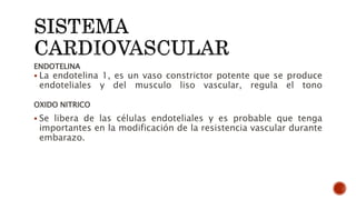 ENDOTELINA
 La endotelina 1, es un vaso constrictor potente que se produce
endoteliales y del musculo liso vascular, regula el tono
OXIDO NITRICO
 Se libera de las células endoteliales y es probable que tenga
importantes en la modificación de la resistencia vascular durante
embarazo.
 